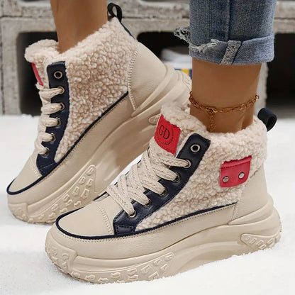 Women's High-Top Platform Sneakers with Lace-Up Front and Fleece Lining