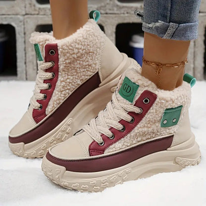 Women's High-Top Platform Sneakers with Lace-Up Front and Fleece Lining