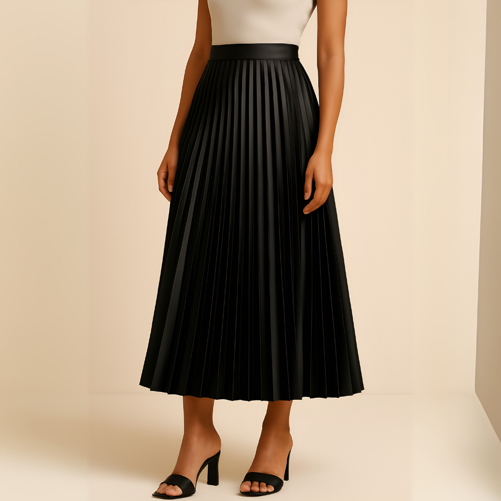 Women's High-Waist Pleated Midi Skirt with A-Line Silhouette