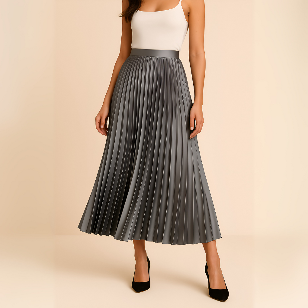 Women's High-Waist Pleated Midi Skirt with A-Line Silhouette