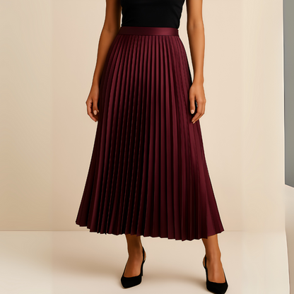 Women's High-Waist Pleated Midi Skirt with A-Line Silhouette
