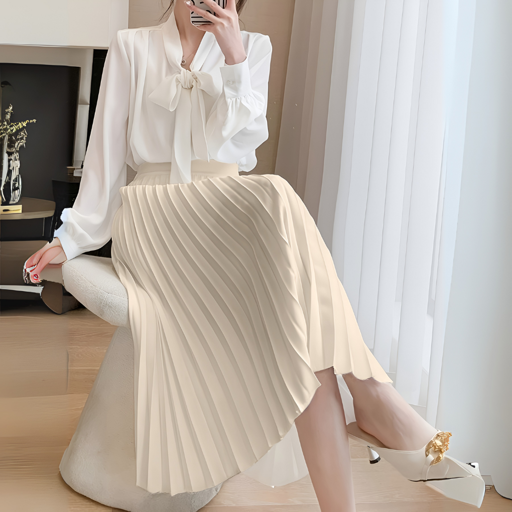 Women's High-Waist Pleated Midi Skirt with A-Line Silhouette