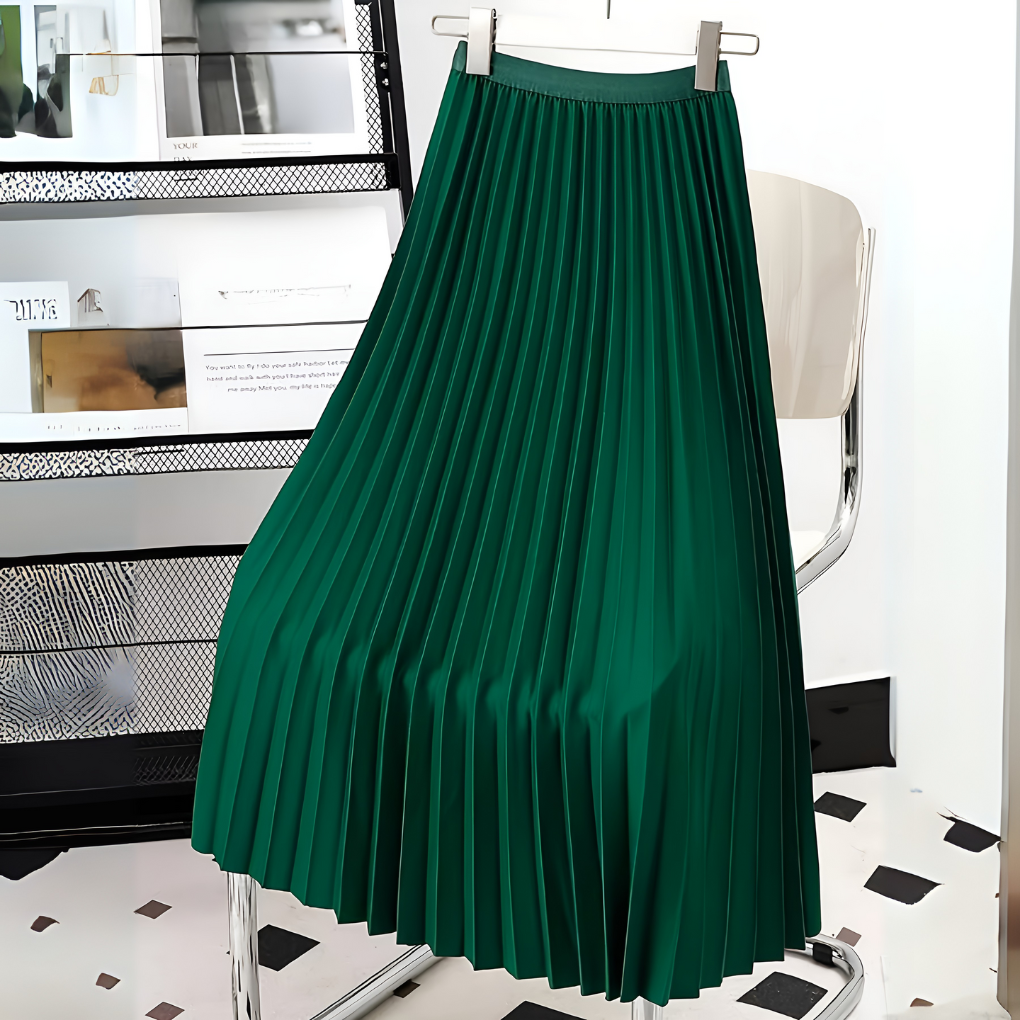 Women's High-Waist Pleated Midi Skirt with A-Line Silhouette