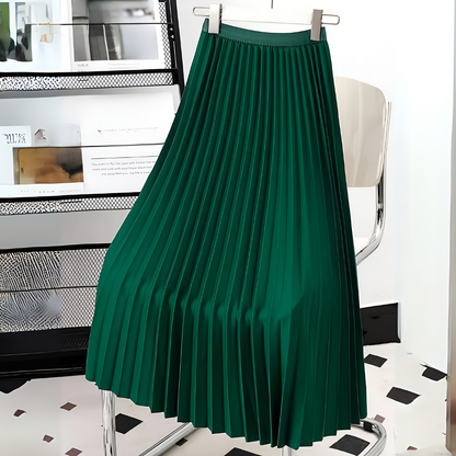 Women's High-Waist Pleated Midi Skirt with A-Line Silhouette