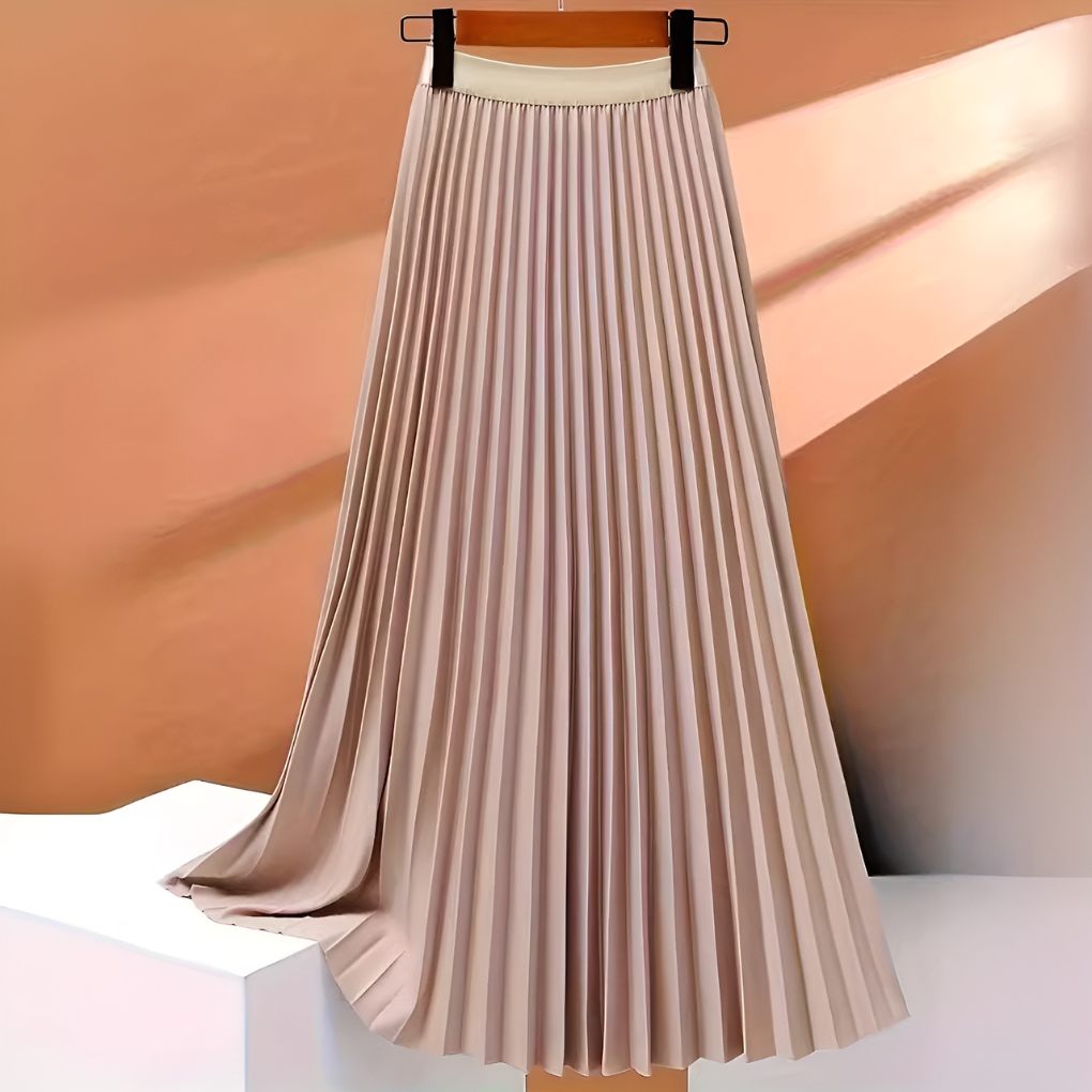 Women's High-Waist Pleated Midi Skirt with A-Line Silhouette