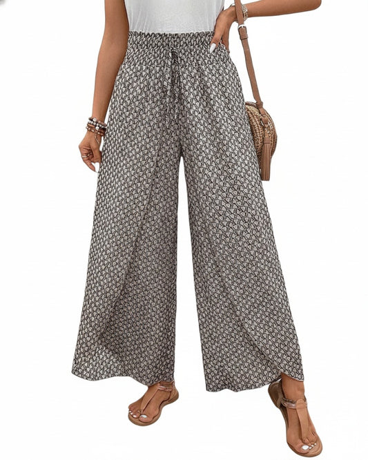 Women's High-Waisted Wide Leg Pants with Graphic Print - 1