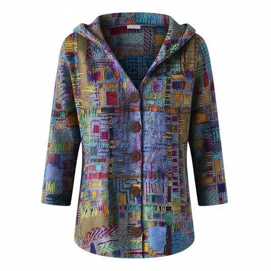 Women's Hooded Cardigan with Buttons and Print - 1