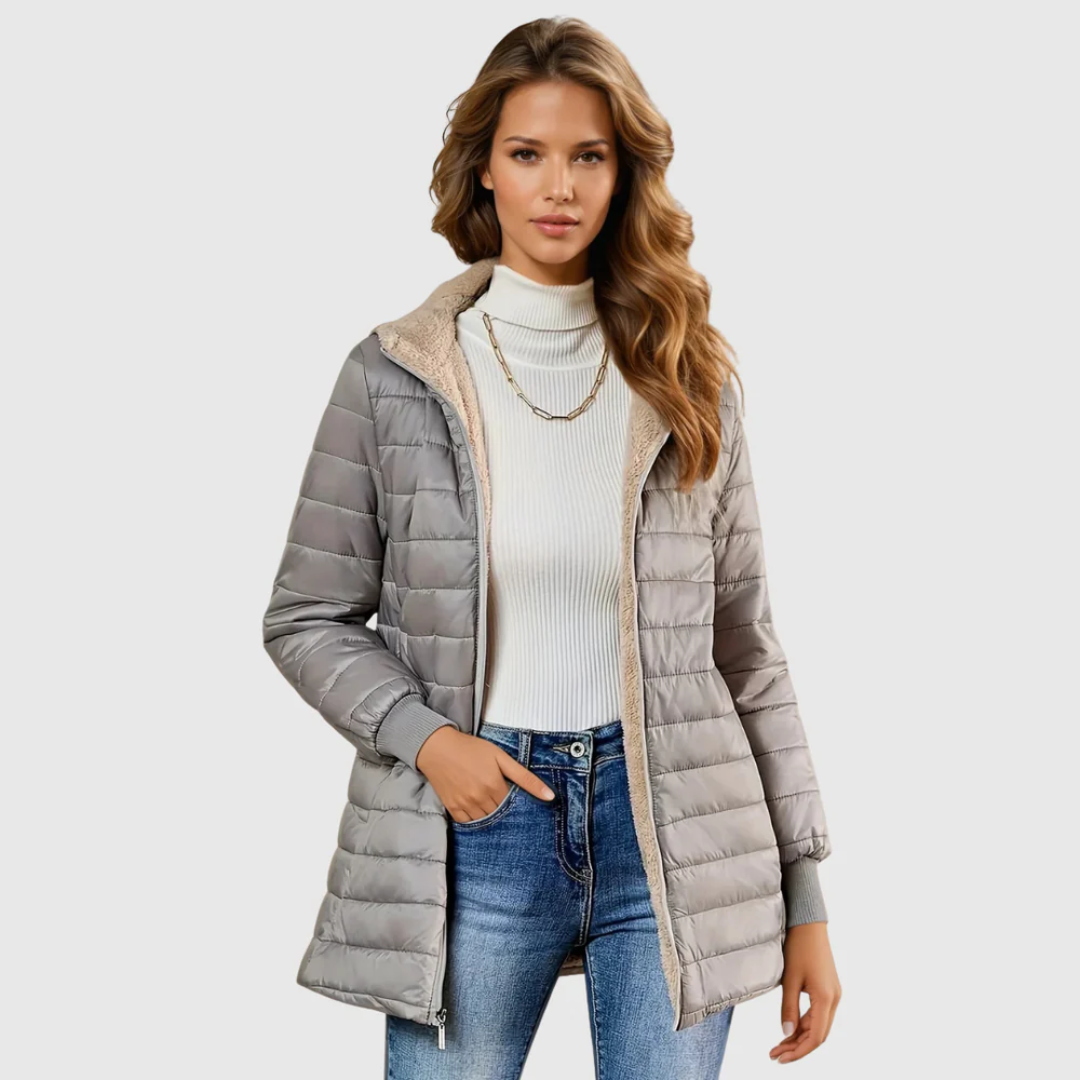 Women's Hooded Puffer Coat with Fleece-Look Lining and Ribbed Cuffs