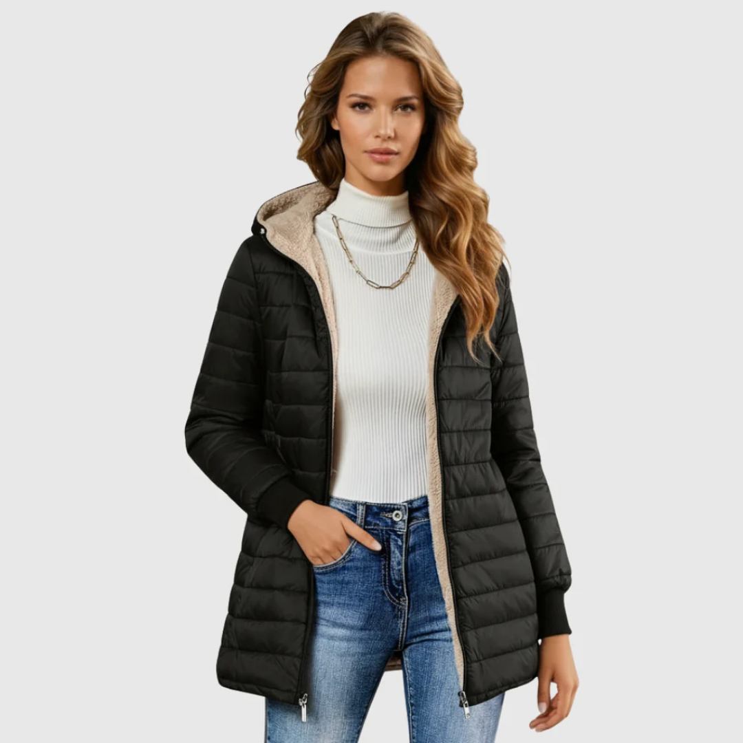 Women's Hooded Puffer Coat with Fleece-Look Lining and Ribbed Cuffs
