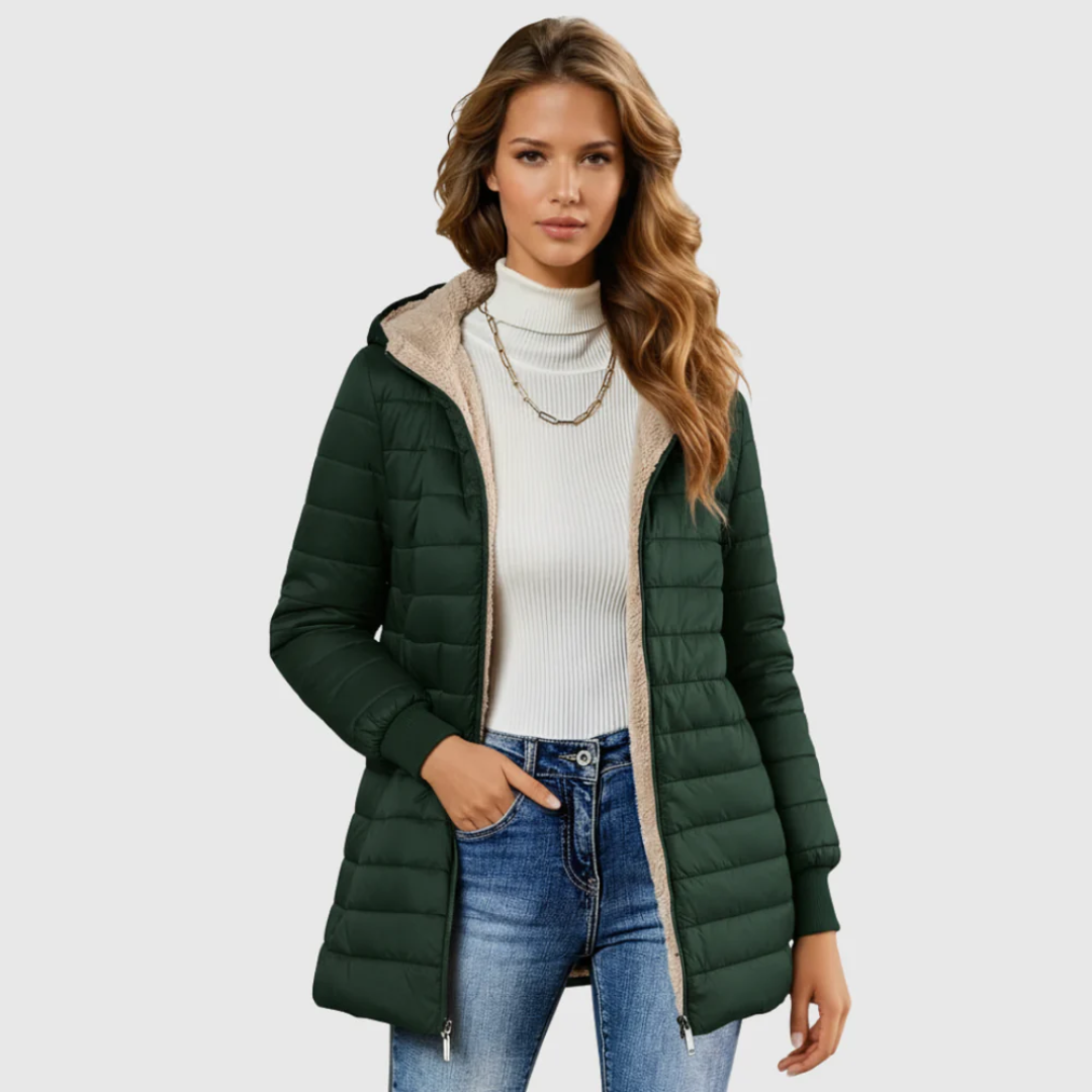 Women's Hooded Puffer Coat with Fleece-Look Lining and Ribbed Cuffs