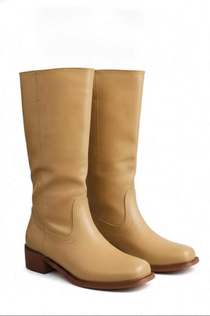Women's Knee-High Boots with Stacked Block Heel and Round Toe
