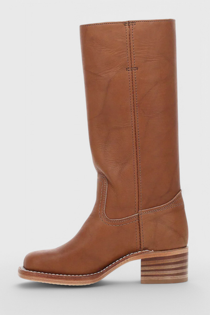 Women's Knee-High Boots with Stacked Block Heel and Round Toe