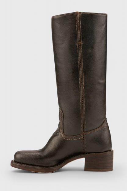 Women's Knee-High Boots with Stacked Block Heel and Round Toe