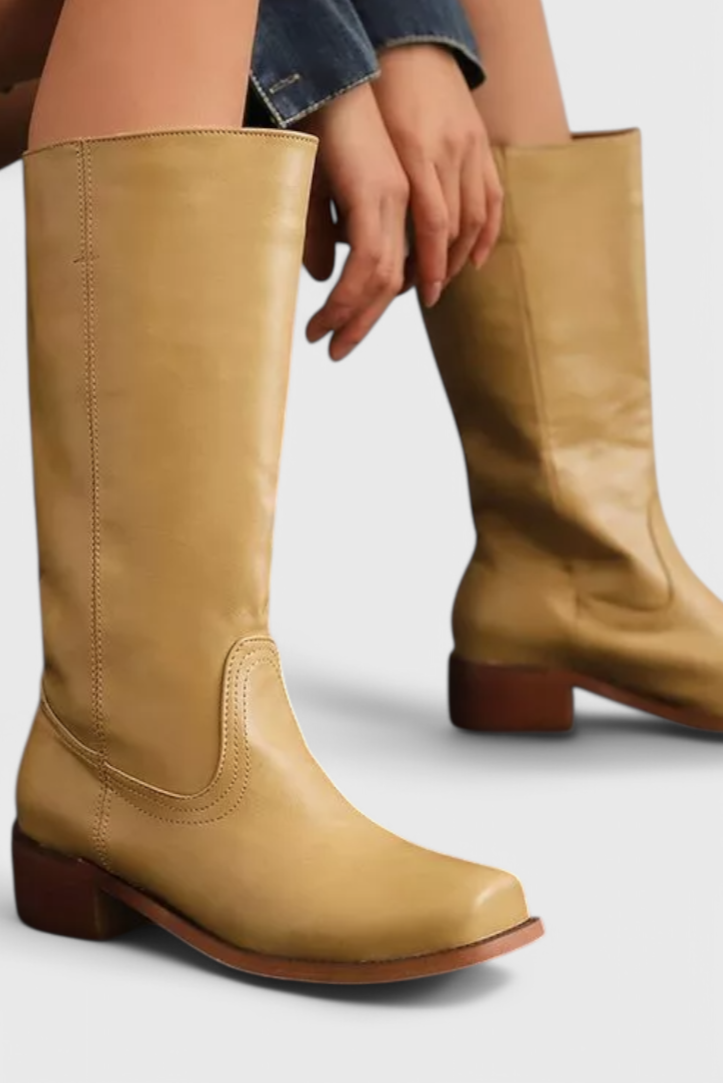Women's Knee-High Boots with Stacked Block Heel and Round Toe