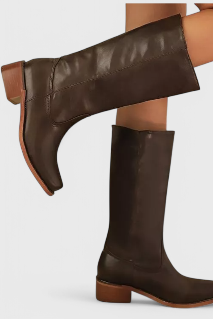 Women's Knee-High Boots with Stacked Block Heel and Round Toe