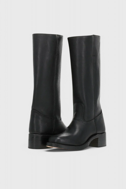 Women's Knee-High Boots with Stacked Block Heel and Round Toe