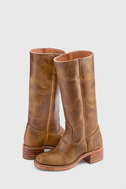 Women's Knee-High Boots with Stacked Block Heel and Round Toe