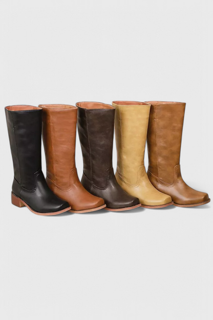 Women's Knee-High Boots with Stacked Block Heel and Round Toe