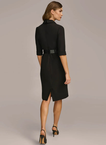 Women's Knee-Length Blazer Dress with Notched Lapel and Belted Waist