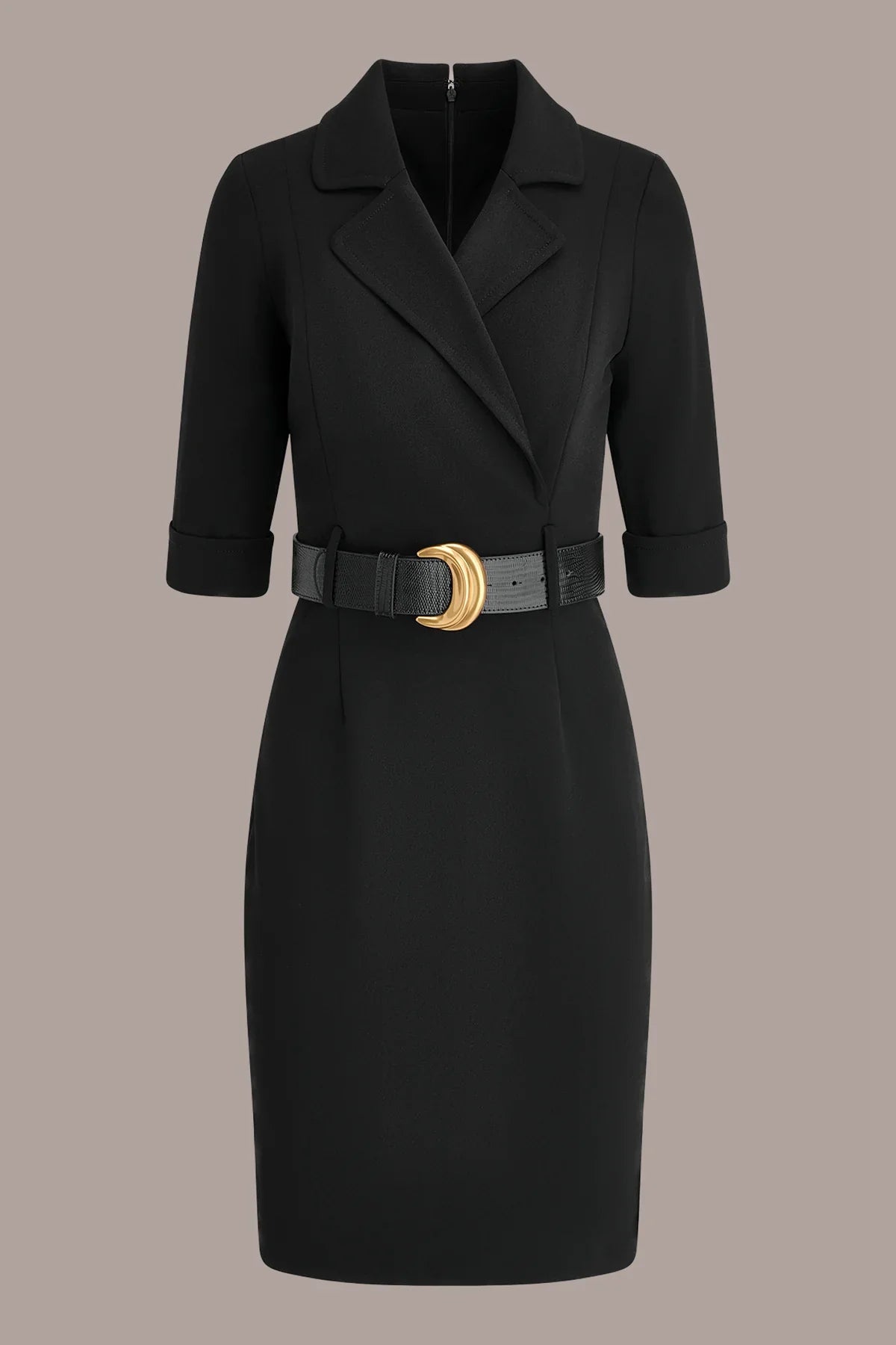 Women's Knee-Length Blazer Dress with Notched Lapel and Belted Waist