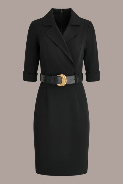 Women's Knee-Length Blazer Dress with Notched Lapel and Belted Waist