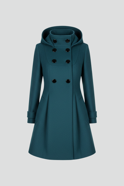 Women's Knee-Length Double-Breasted Winter Coat with Hood and A-Line Cut