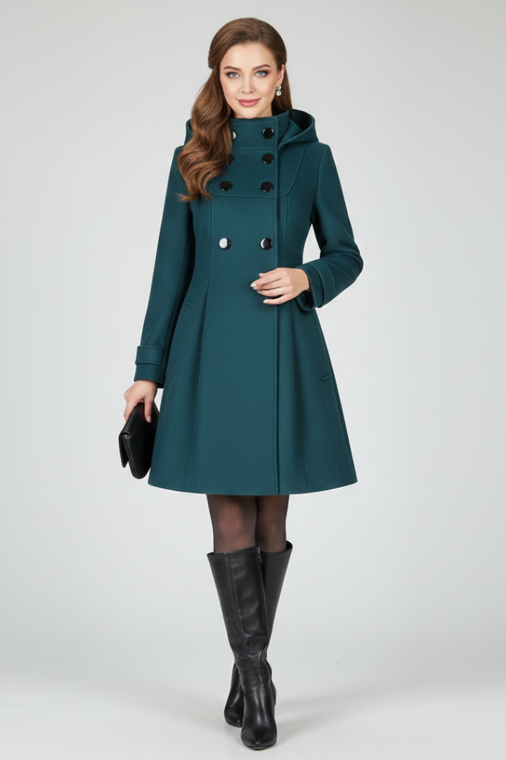Women's Knee-Length Double-Breasted Winter Coat with Hood and A-Line Cut