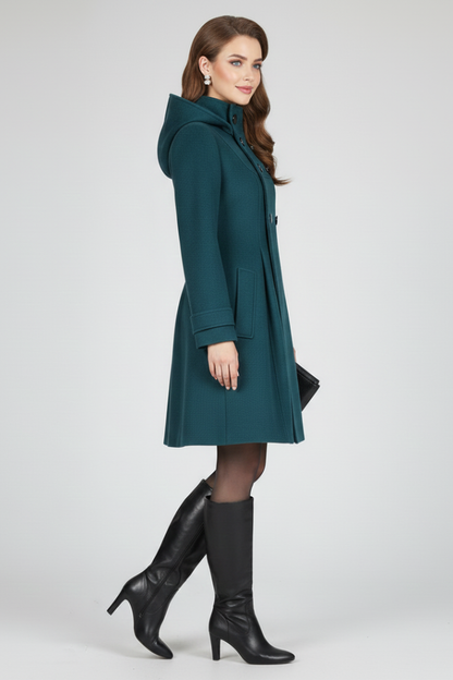 Women's Knee-Length Double-Breasted Winter Coat with Hood and A-Line Cut