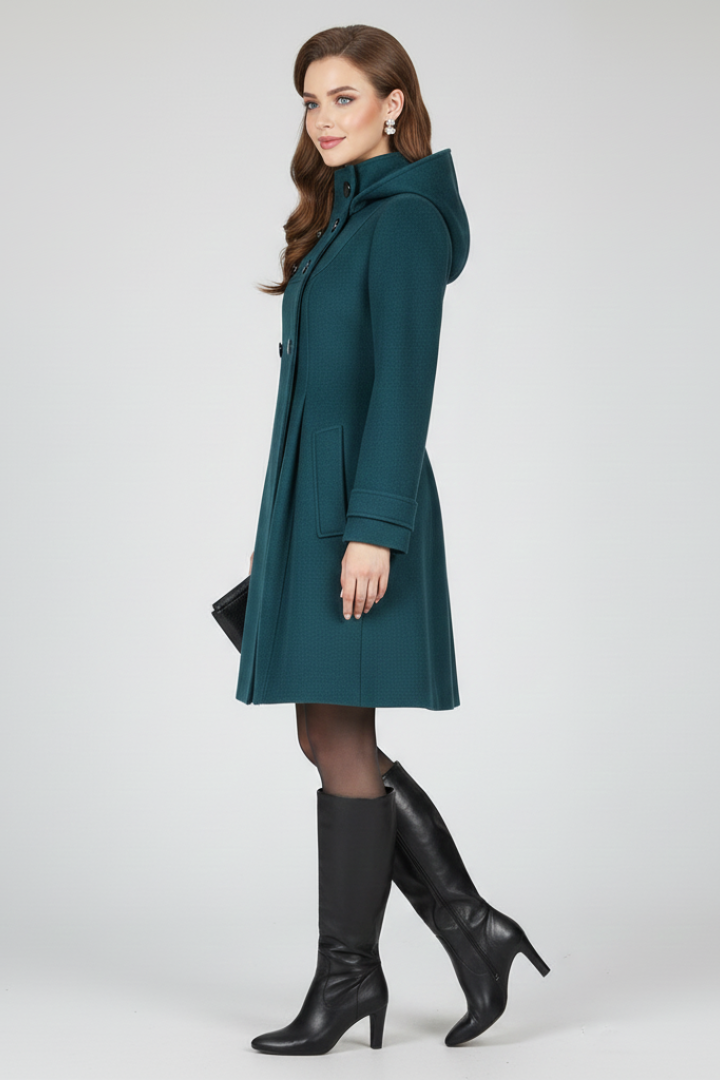 Women's Knee-Length Double-Breasted Winter Coat with Hood and A-Line Cut