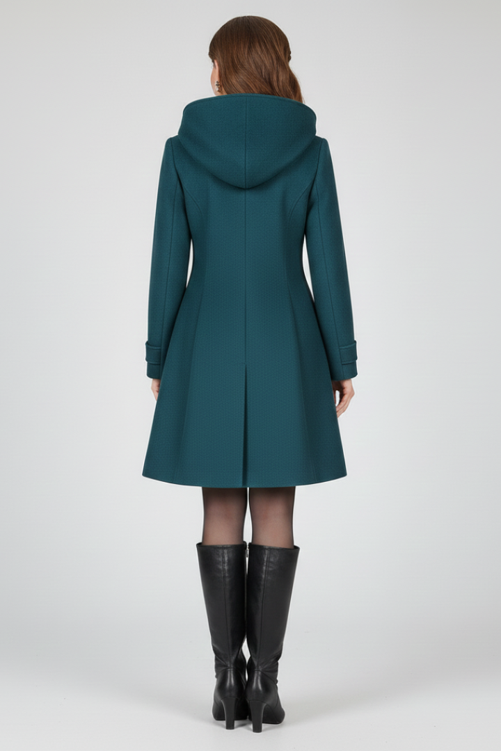Women's Knee-Length Double-Breasted Winter Coat with Hood and A-Line Cut
