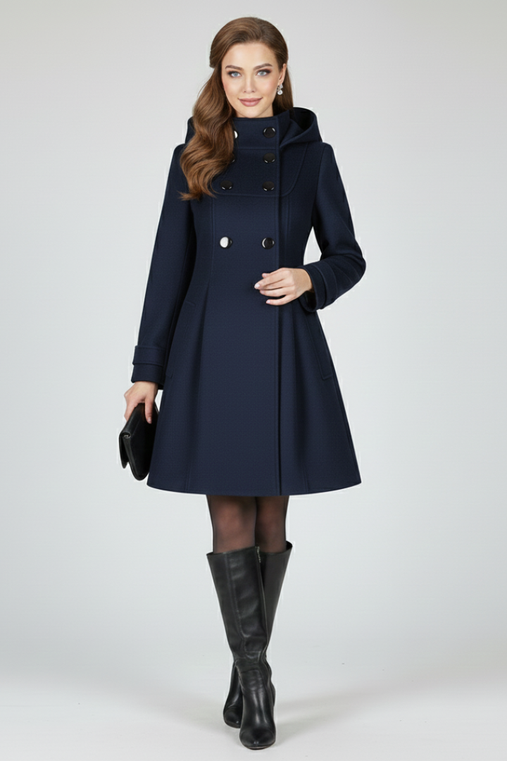 Women's Knee-Length Double-Breasted Winter Coat with Hood and A-Line Cut