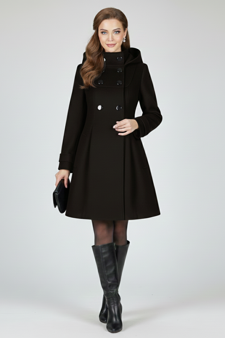 Women's Knee-Length Double-Breasted Winter Coat with Hood and A-Line Cut