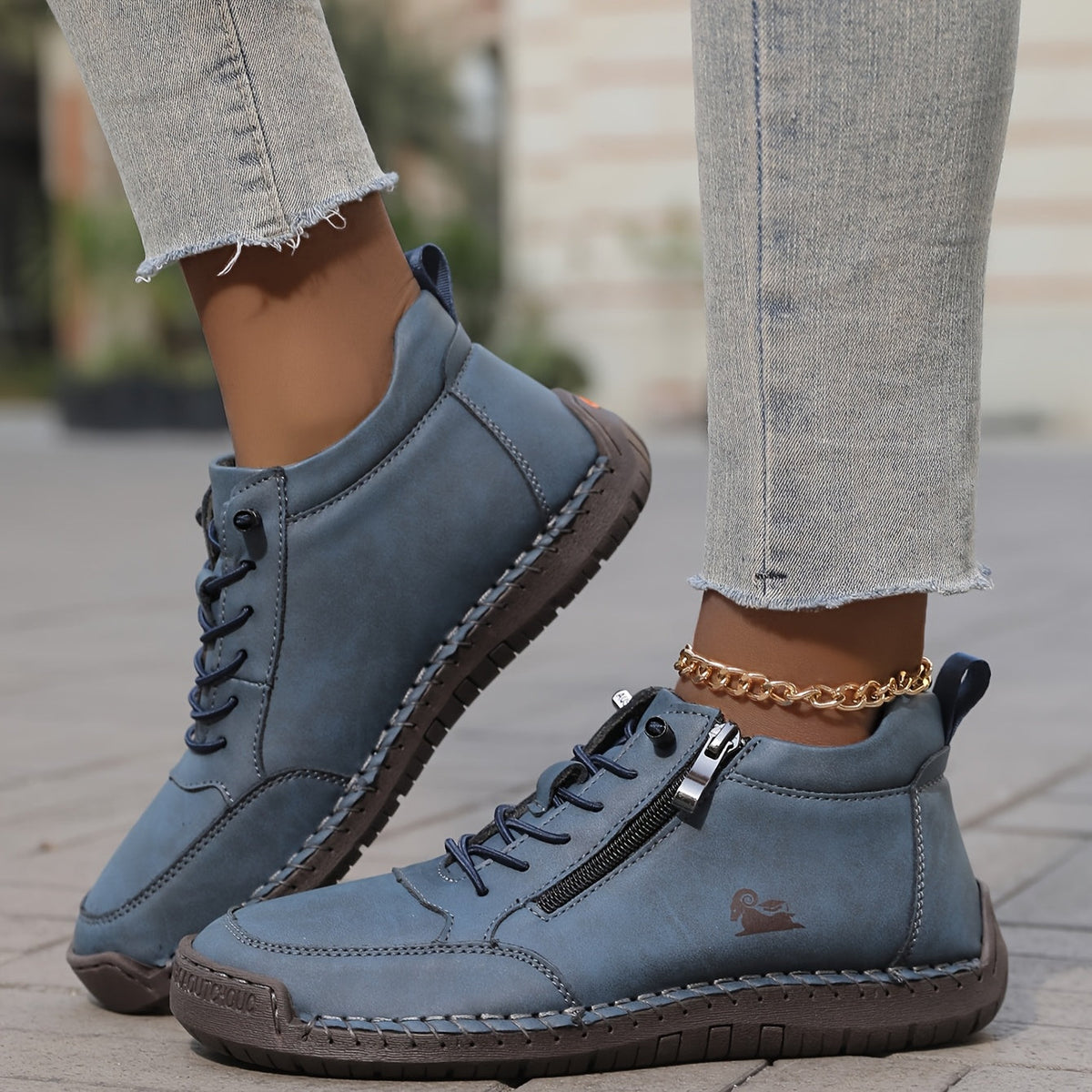 Women's Lace-Up Ankle Sneakers with Side Zip and Wide Toe Box