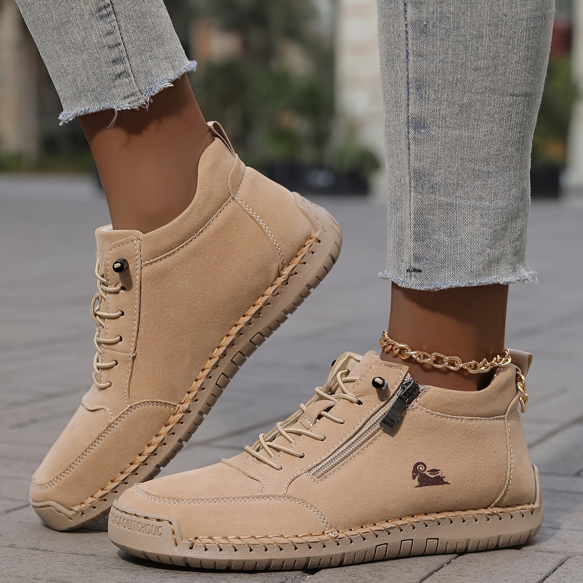 Women's Lace-Up Ankle Sneakers with Side Zip and Wide Toe Box