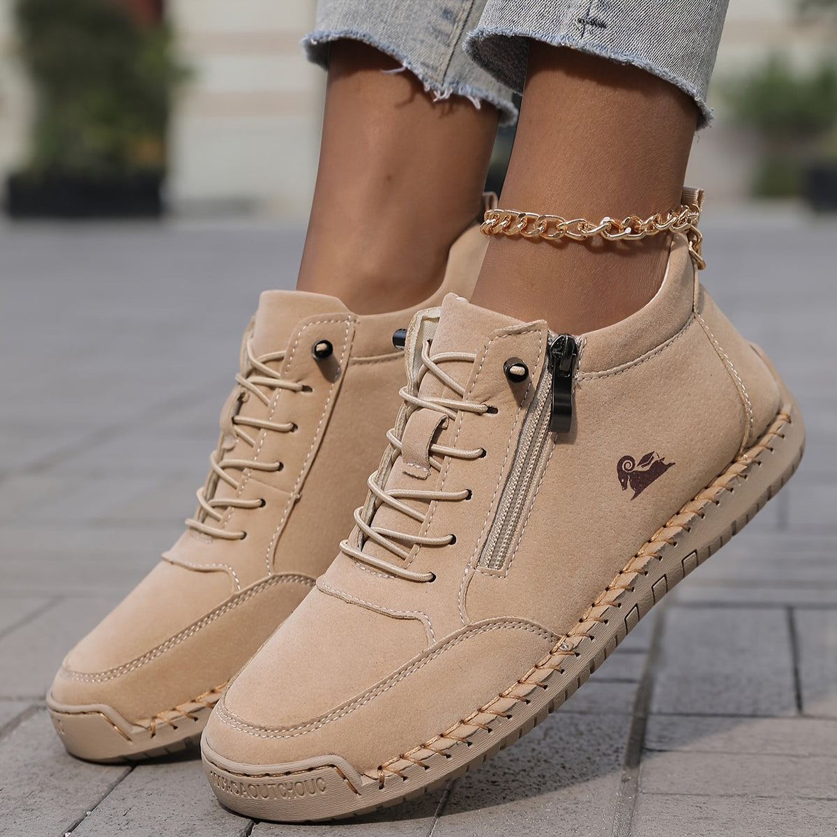 Women's Lace-Up Ankle Sneakers with Side Zip and Wide Toe Box