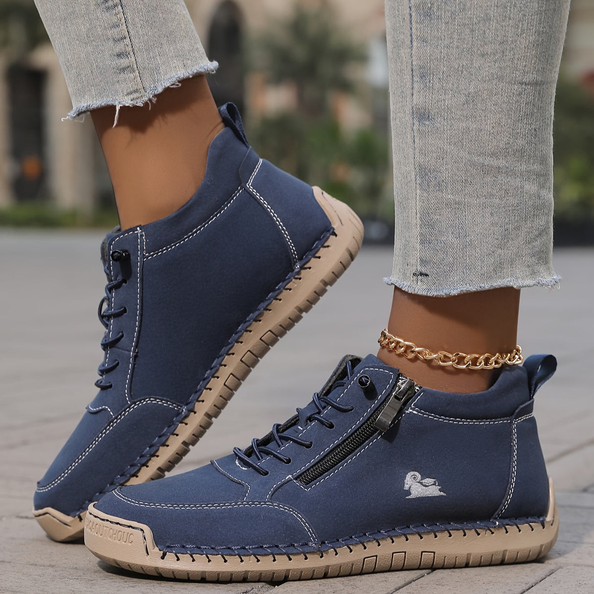 Women's Lace-Up Ankle Sneakers with Side Zip and Wide Toe Box