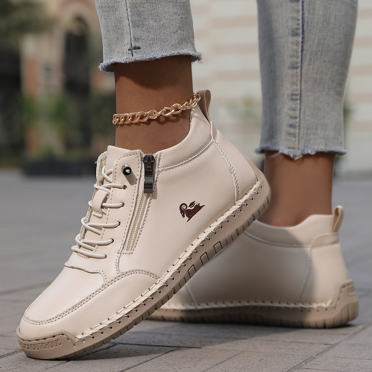 Women's Lace-Up Ankle Sneakers with Side Zip and Wide Toe Box