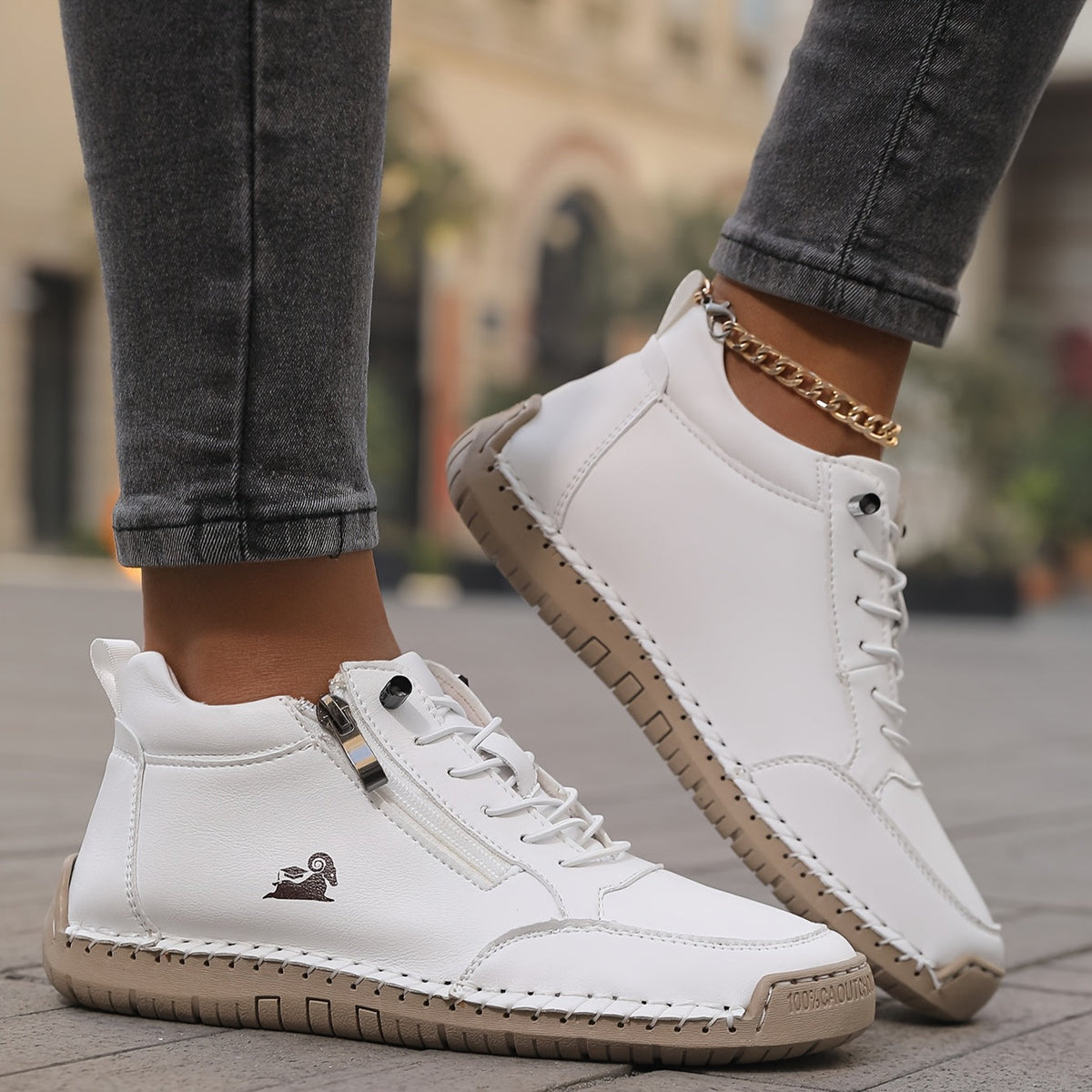 Women's Lace-Up Ankle Sneakers with Side Zip and Wide Toe Box