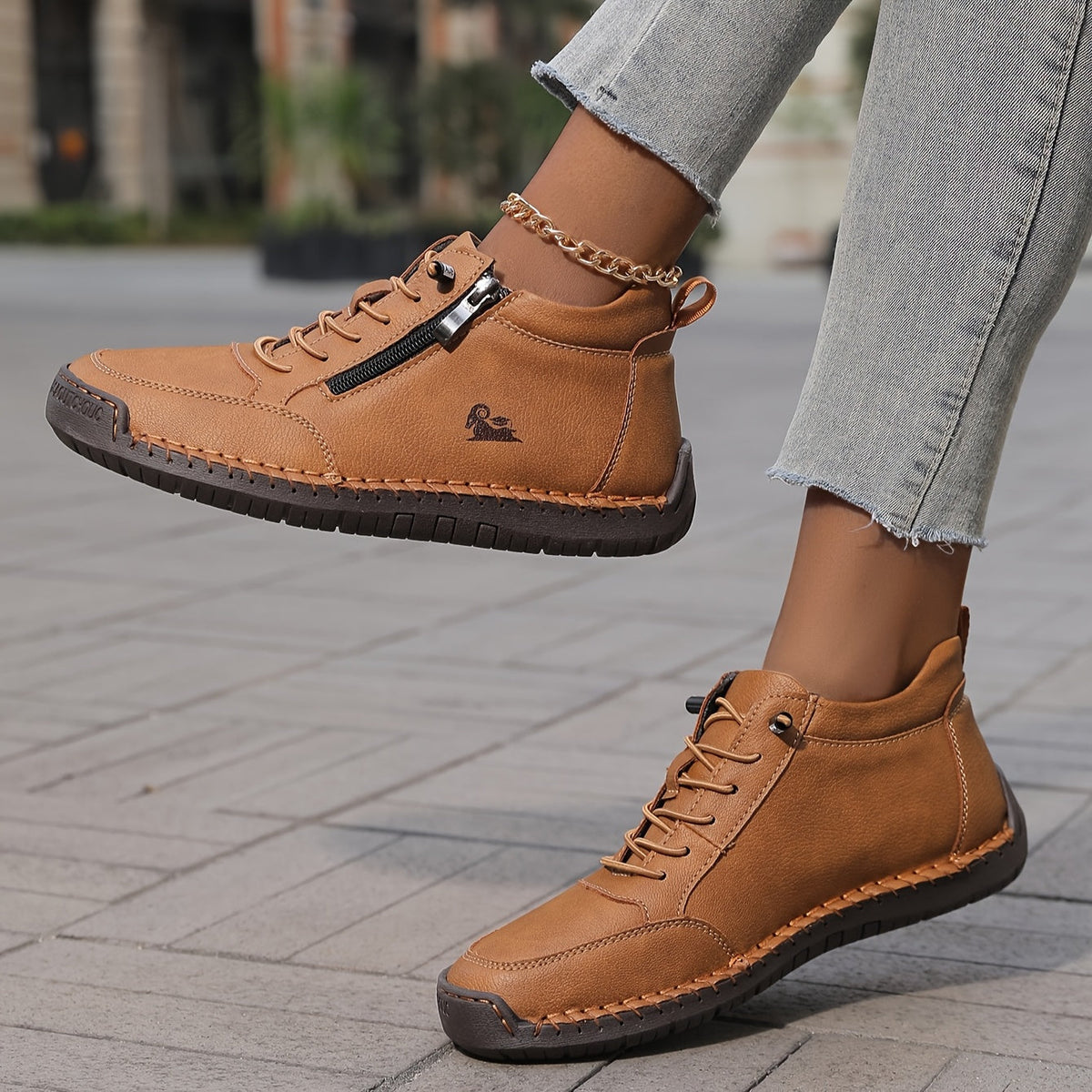 Women's Lace-Up Ankle Sneakers with Side Zip and Wide Toe Box