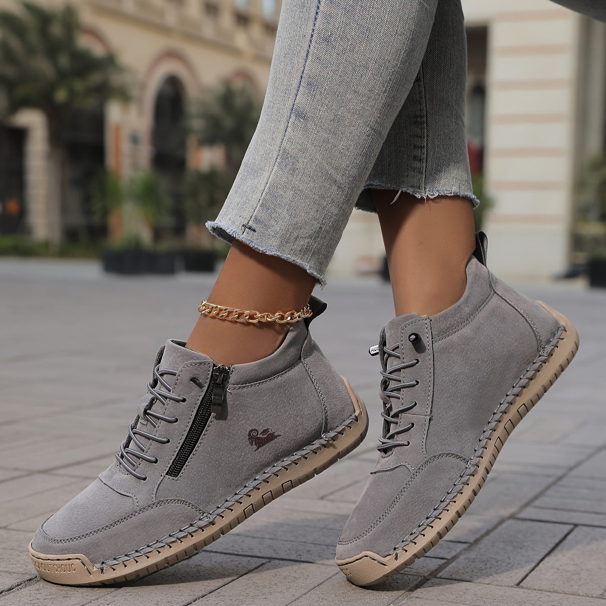 Women's Lace-Up Ankle Sneakers with Side Zip and Wide Toe Box