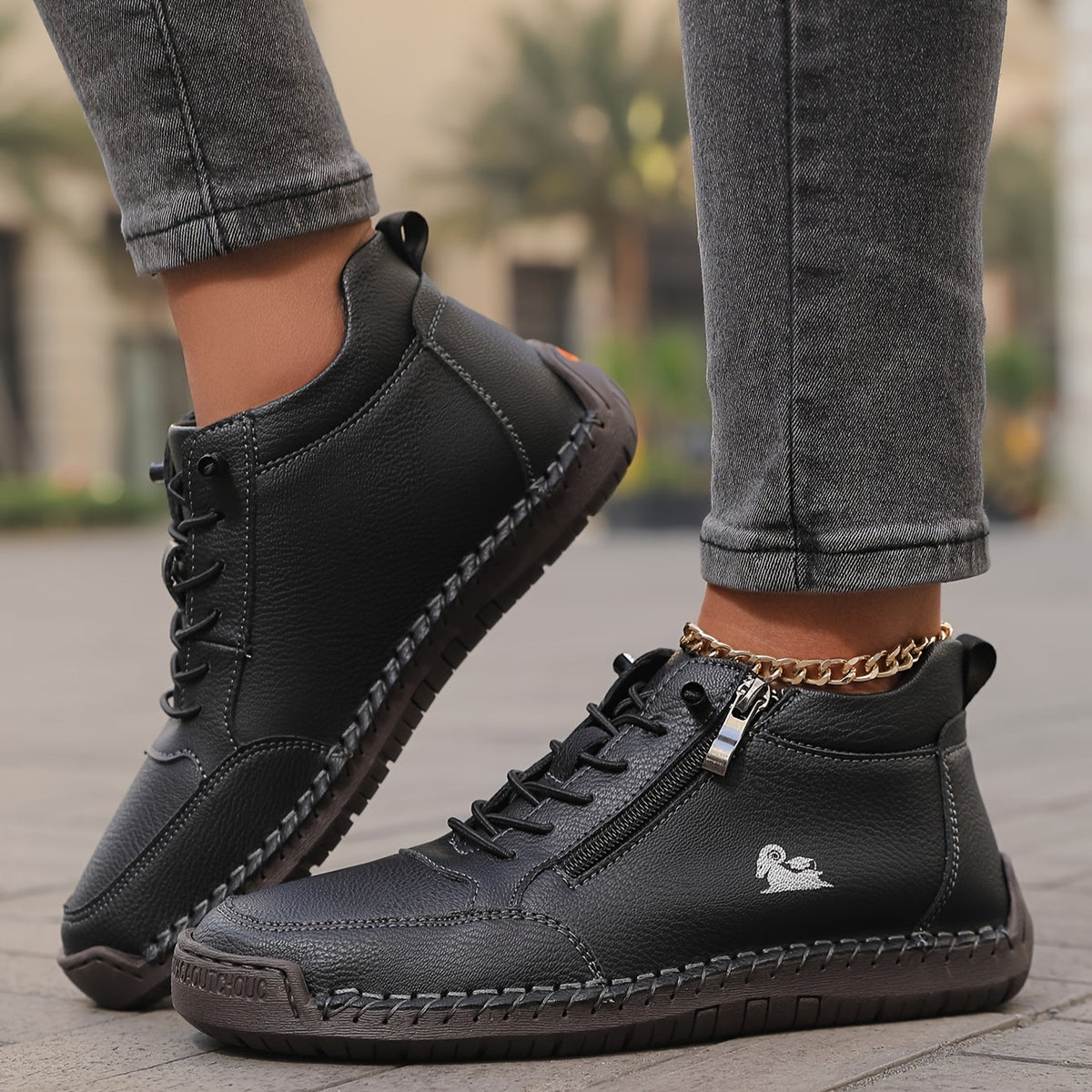 Women's Lace-Up Ankle Sneakers with Side Zip and Wide Toe Box