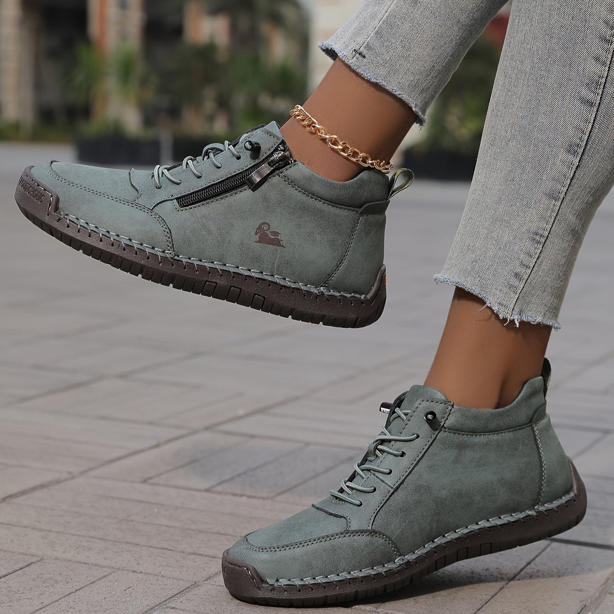 Women's Lace-Up Ankle Sneakers with Side Zip and Wide Toe Box