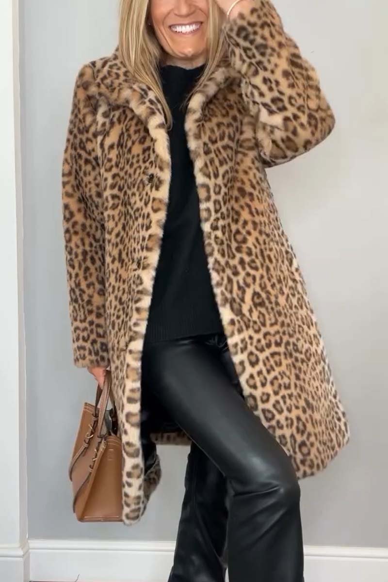 Women's Leopard Print Winter Coat with Lapel Collar