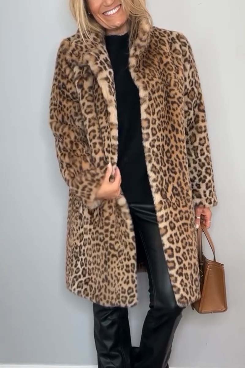 Women's Leopard Print Winter Coat with Lapel Collar