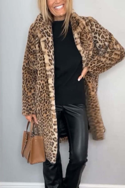 Women's Leopard Print Winter Coat with Lapel Collar