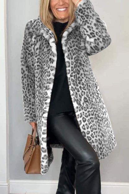Women's Leopard Print Winter Coat with Lapel Collar