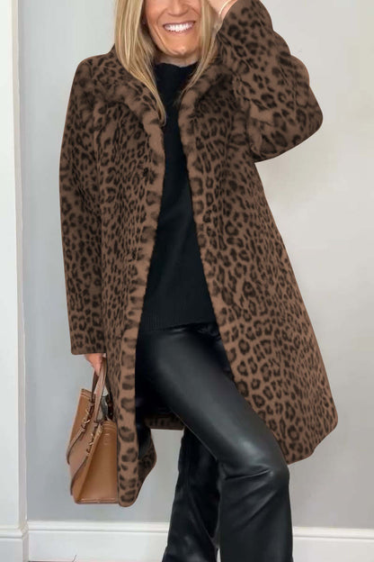 Women's Leopard Print Winter Coat with Lapel Collar