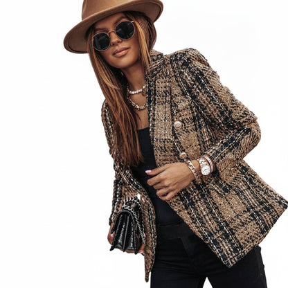 Women's Lightweight Double-Breasted Plaid Blazer with Gold Buttons and Flap Pockets
