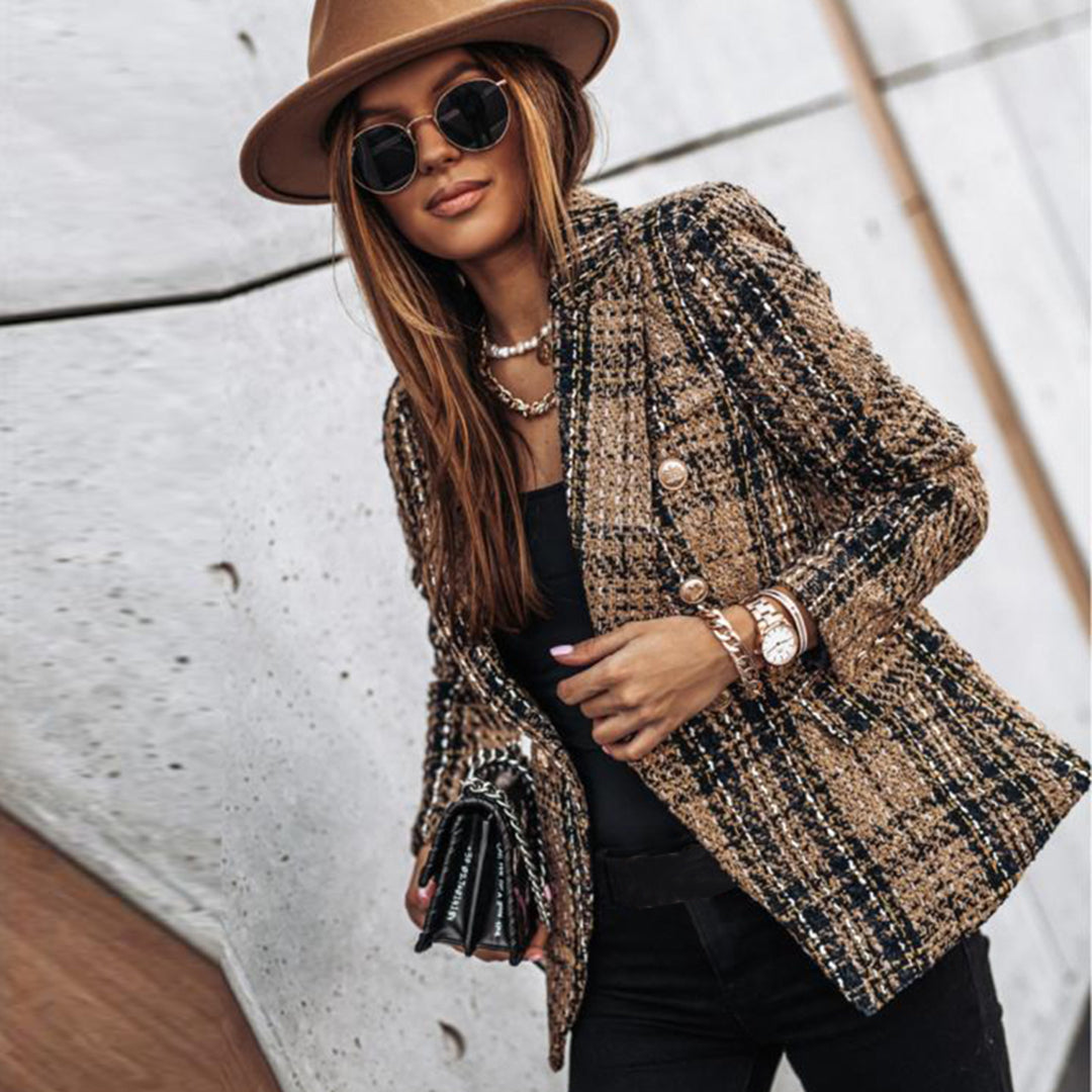 Women's Lightweight Double-Breasted Plaid Blazer with Gold Buttons and Flap Pockets