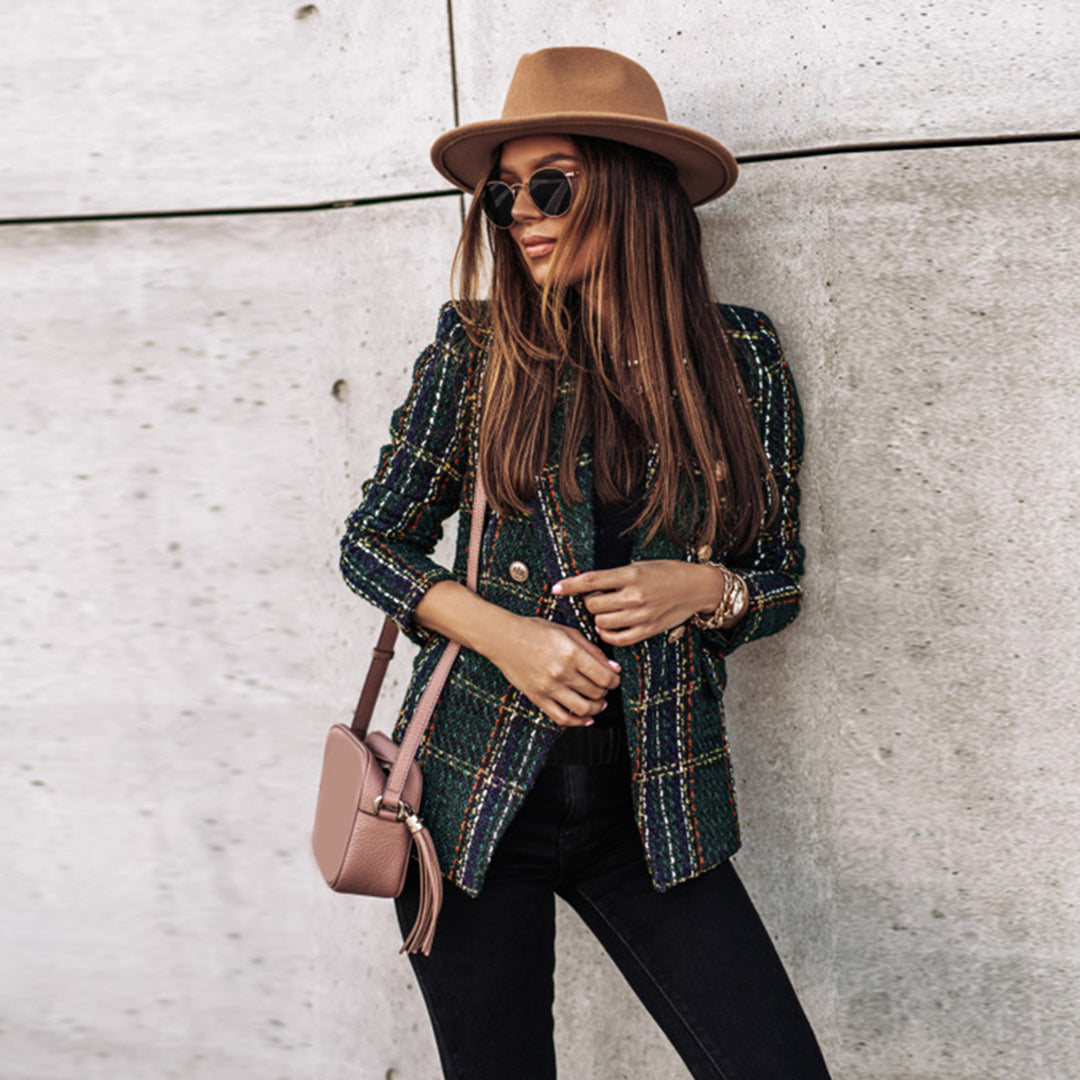 Women's Lightweight Double-Breasted Plaid Blazer with Gold Buttons and Flap Pockets